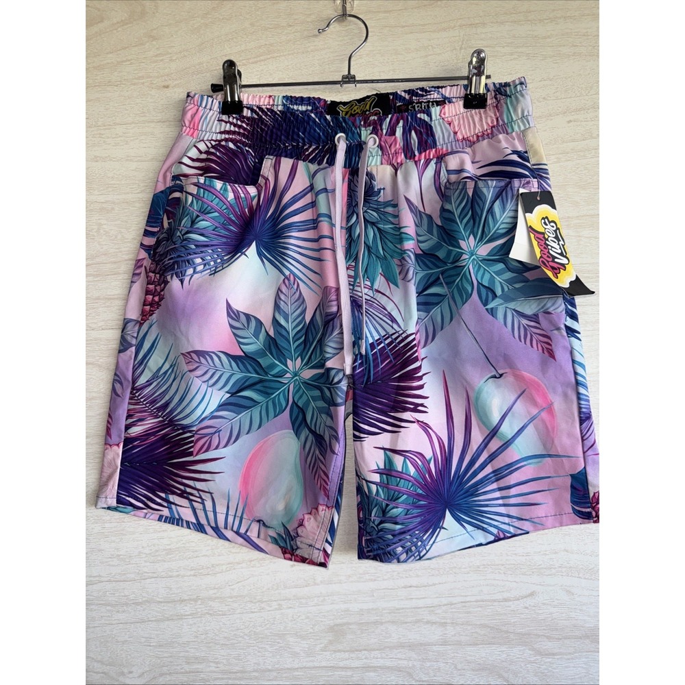 NWT Good Vibes men's swim trunks Elastic Waistband, Drawstring, Tropical Sz M
